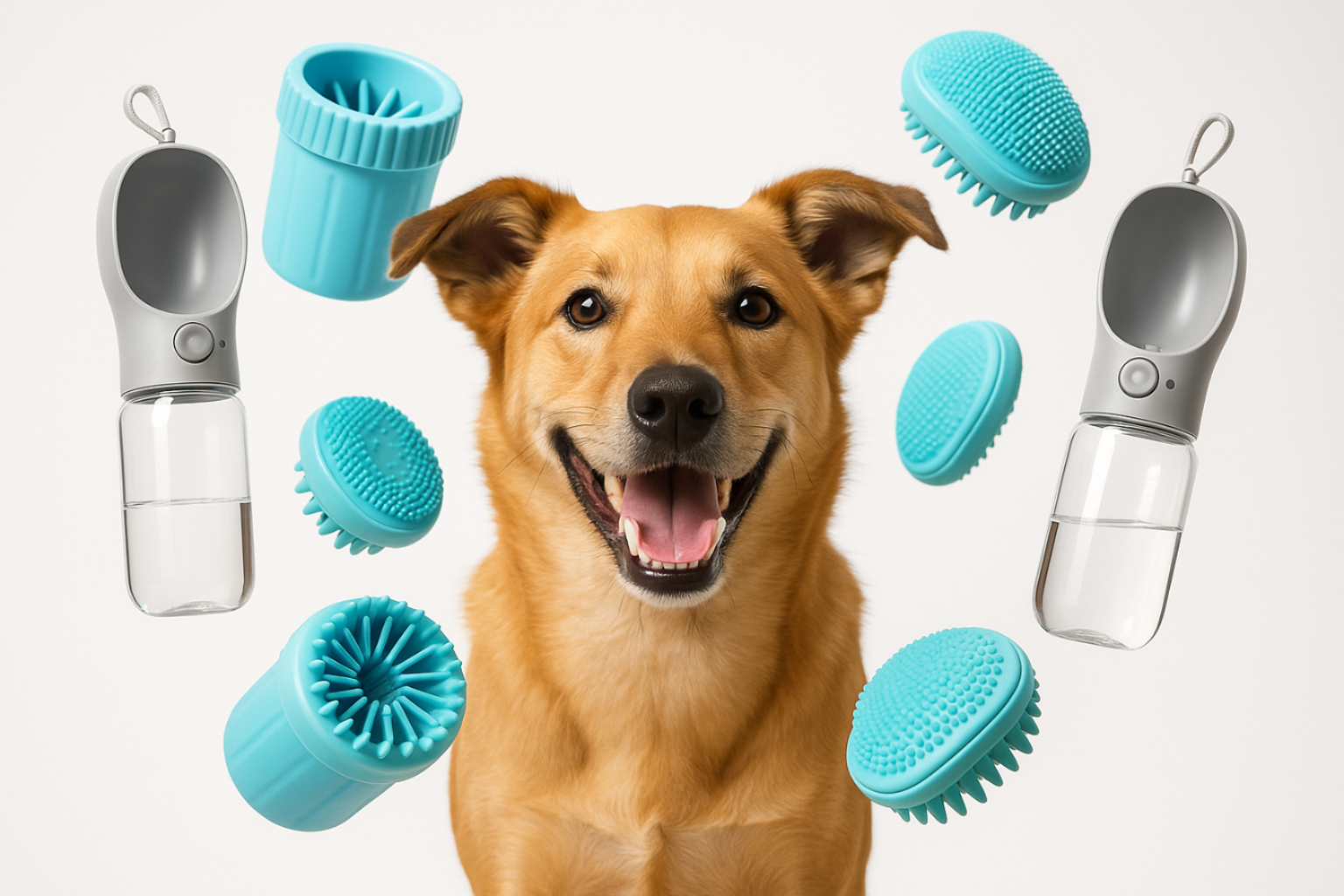 Je veux une image réaliste fond blanc avec plein de mes objets, gourdes anti fuite 2 en 1  pour chien et nettoyeur de pattes et brosses de bain pour chien qui lévitent autour d'un chien heureux